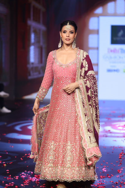 The Ghungroo Showstopper: Pink & Red Hand-Embroidered Anarkali with Burgundy Banarsi Dupatta