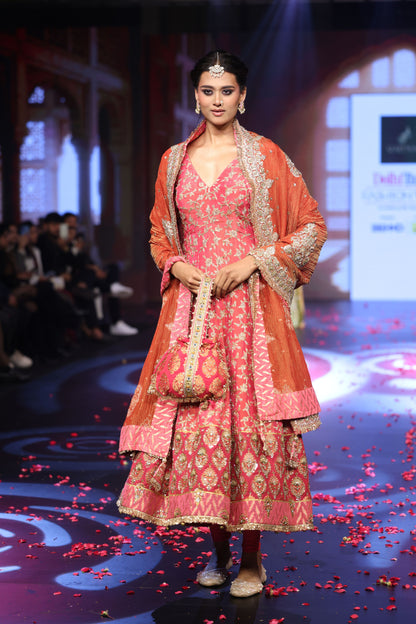 Ghungroo Peach Zari & Aari Work Anarkali with Rust Banarsi Dupatta