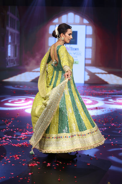 Ghungroo Lime & Green Hand Embroidered Mirror Work Silk Anarkali Set