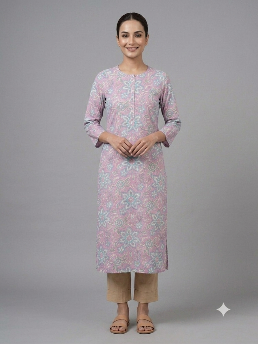 Pink printed cotton kurta