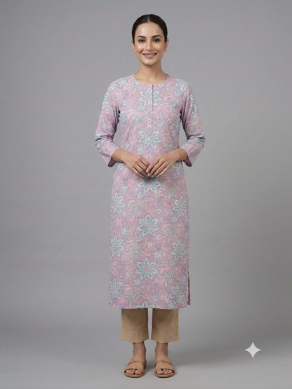 Pink printed cotton kurta