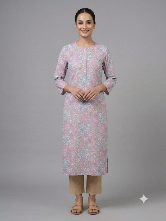 Pink printed cotton kurta