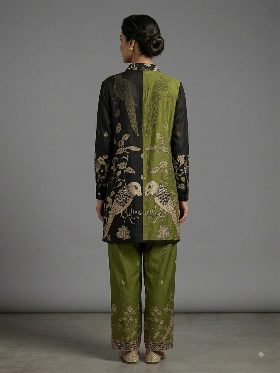 Green & Black Crepe Printed Cord Set