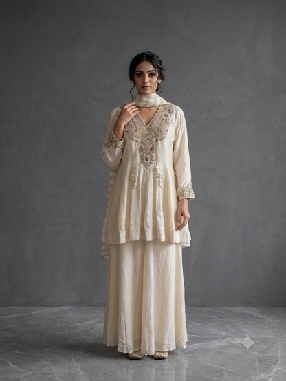 Off-White Raw Silk Hand Embroidered Kalidaar Kurta With Flared Pants and Tissue Silk Dupatta