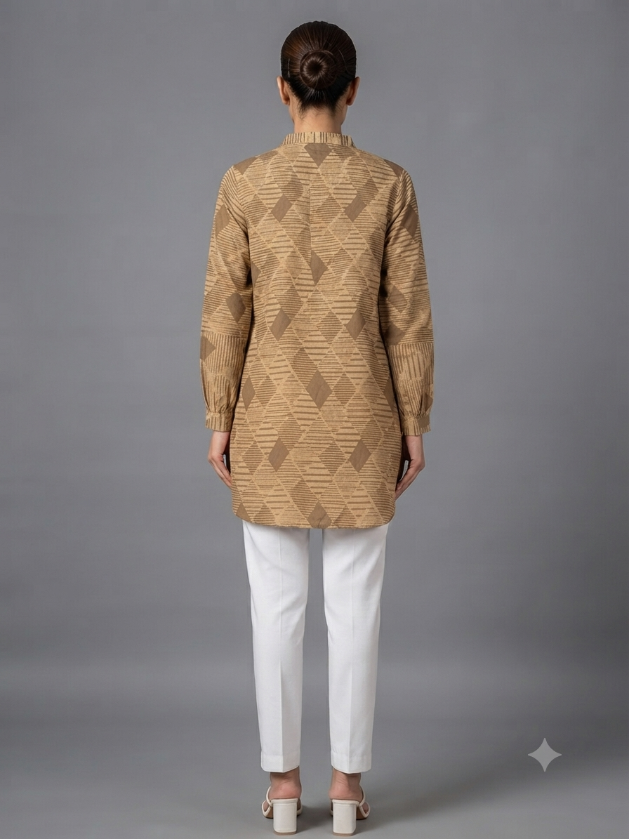 Beige Cotton Geometric Printed Shirt