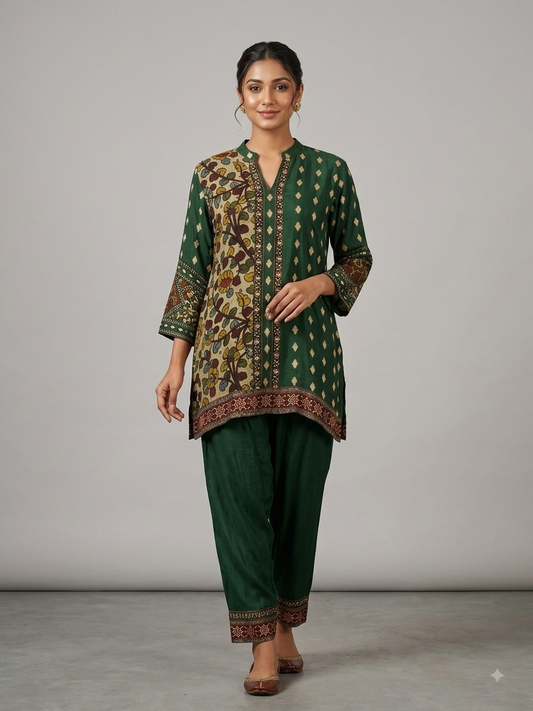 Green Crepe Printed Cord Set