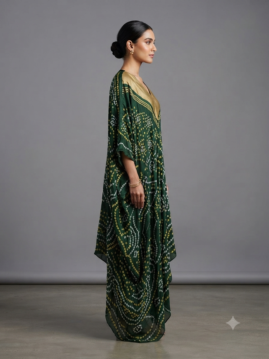 Green Silk Bandhej Printed Kaftan