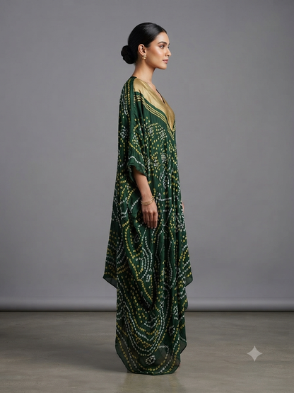 Green Silk Bandhej Printed Kaftan