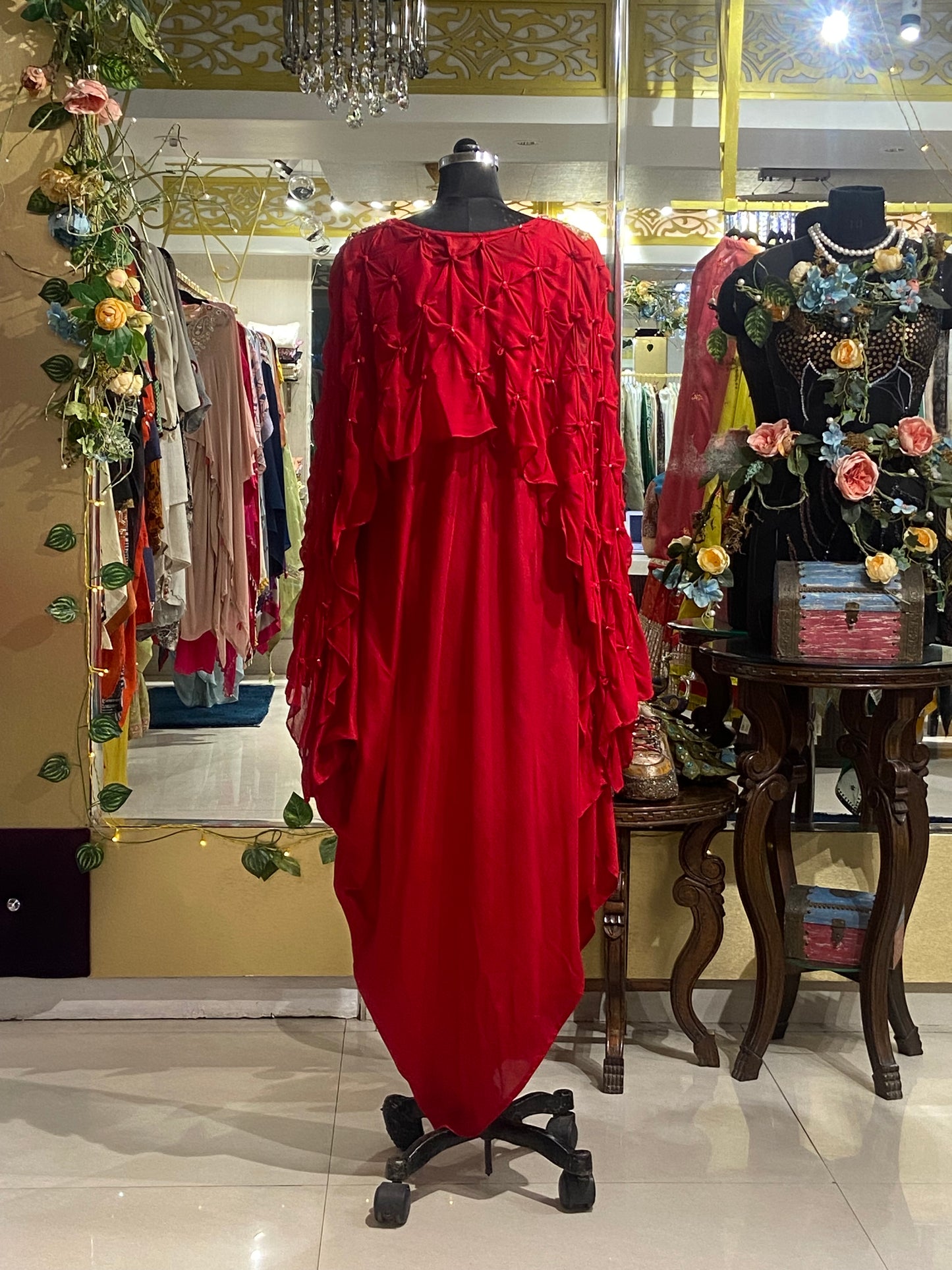 Red georgette dress with cape