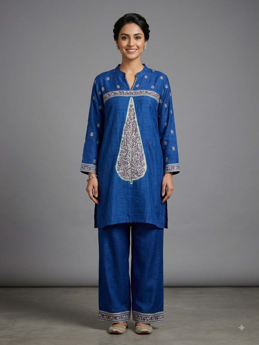 Blue Crepe Printed Cord Set
