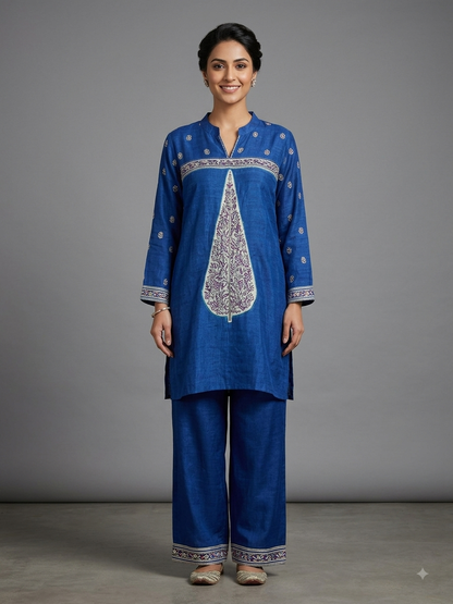 Blue Crepe Printed Cord Set