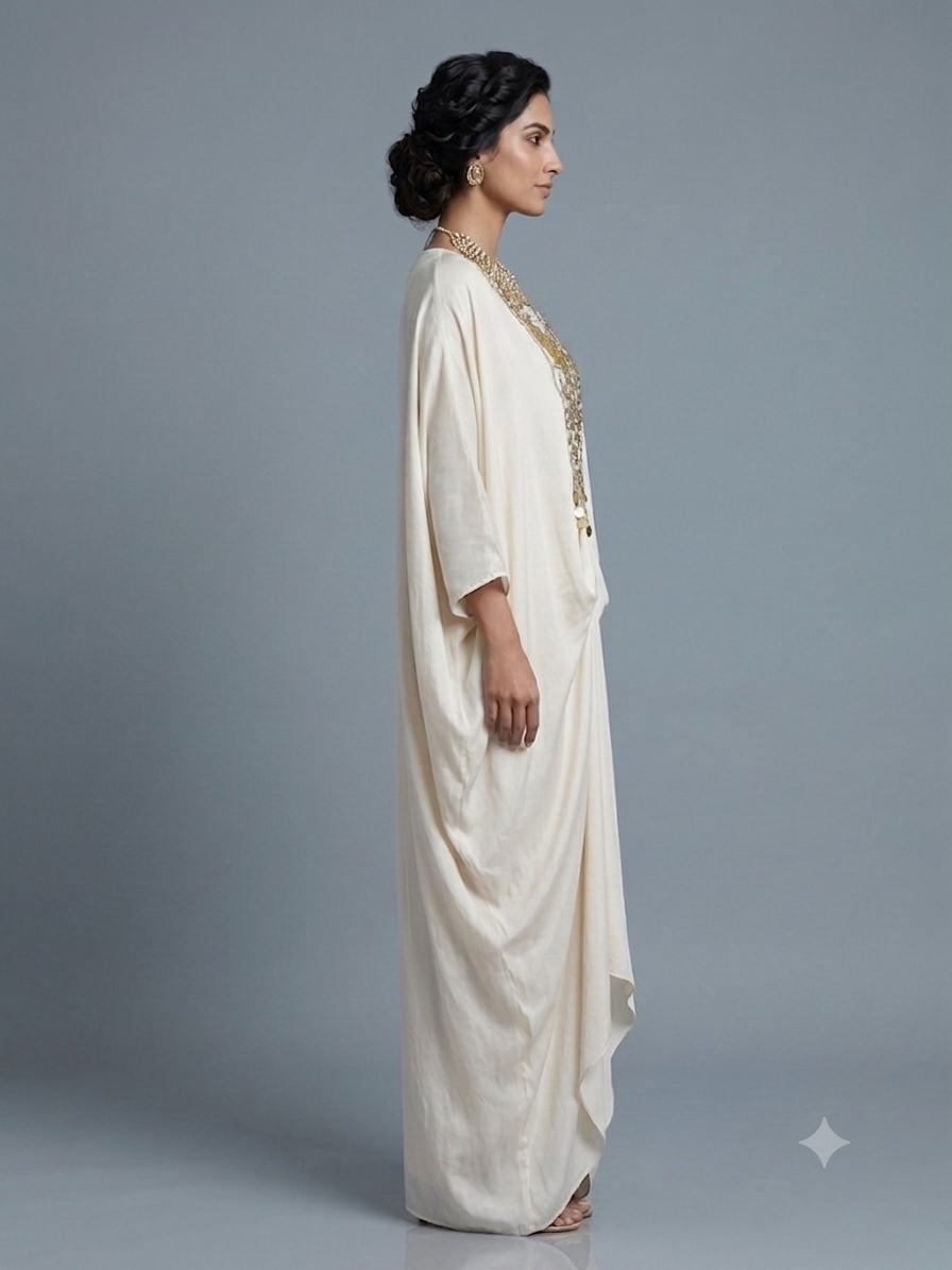 Off White Satin cowl Drape Kaftan Dress