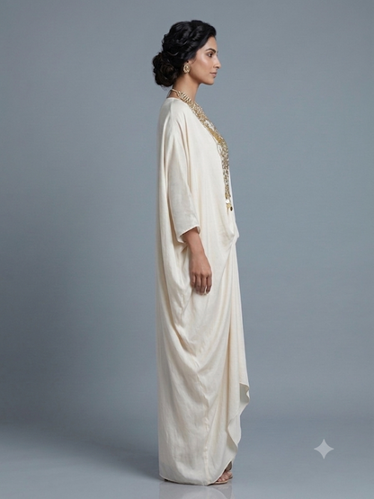 Off White Satin cowl Drape Kaftan Dress