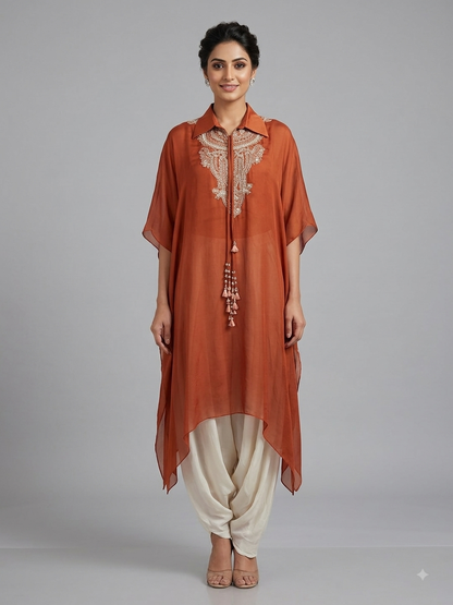Rust Satin Hand Embroidered Kimono with Ivory Dhoti