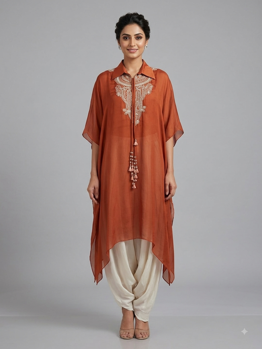 Rust Satin Hand Embroidered Kimono with Ivory Dhoti