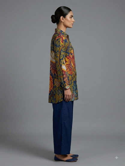 Blue Hand Paint Printed Crepe Cord Set
