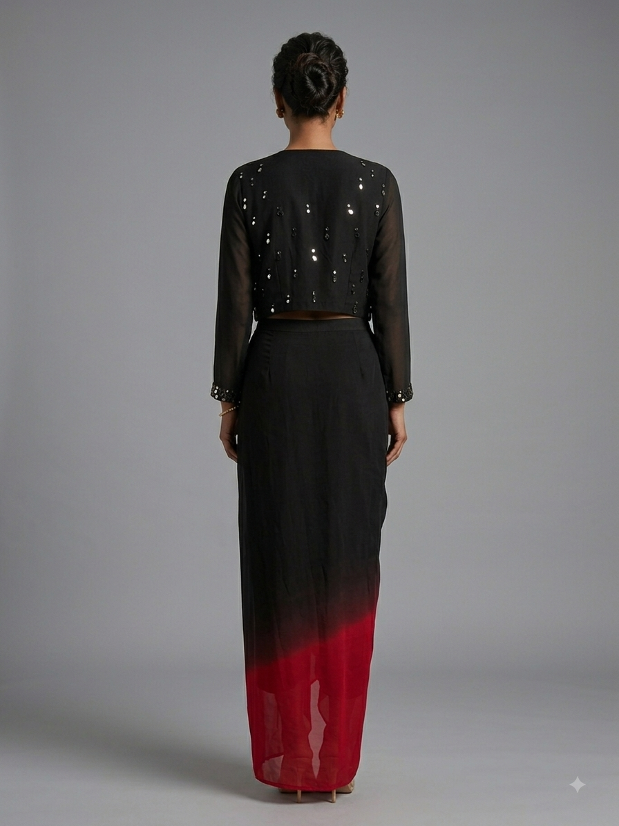 Black Ombre Silk Mirror Work Jacket Set with Draped Skirt