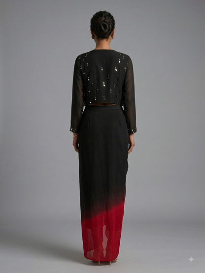 Black Ombre Silk Mirror Work Jacket Set with Draped Skirt