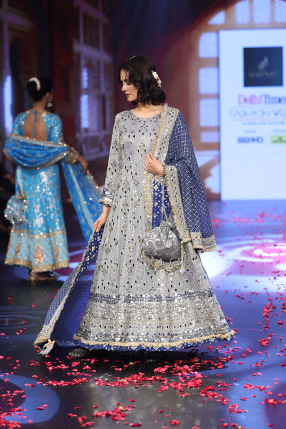 Ghungroo Gray Mirror Work Hand-Embroidered Anarkali with Hand-Embroidered Cobalt Blue Dupatta