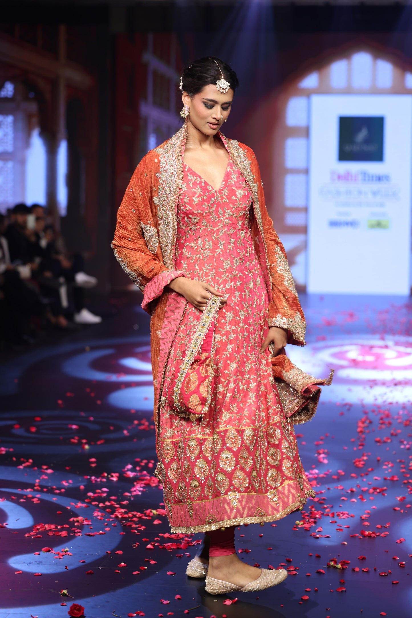 Ghungroo Peach Zari & Aari Work Anarkali with Rust Banarsi Dupatta