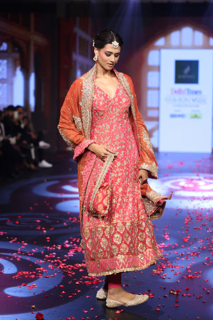 Ghungroo Peach Zari & Aari Work Anarkali with Rust Banarsi Dupatta