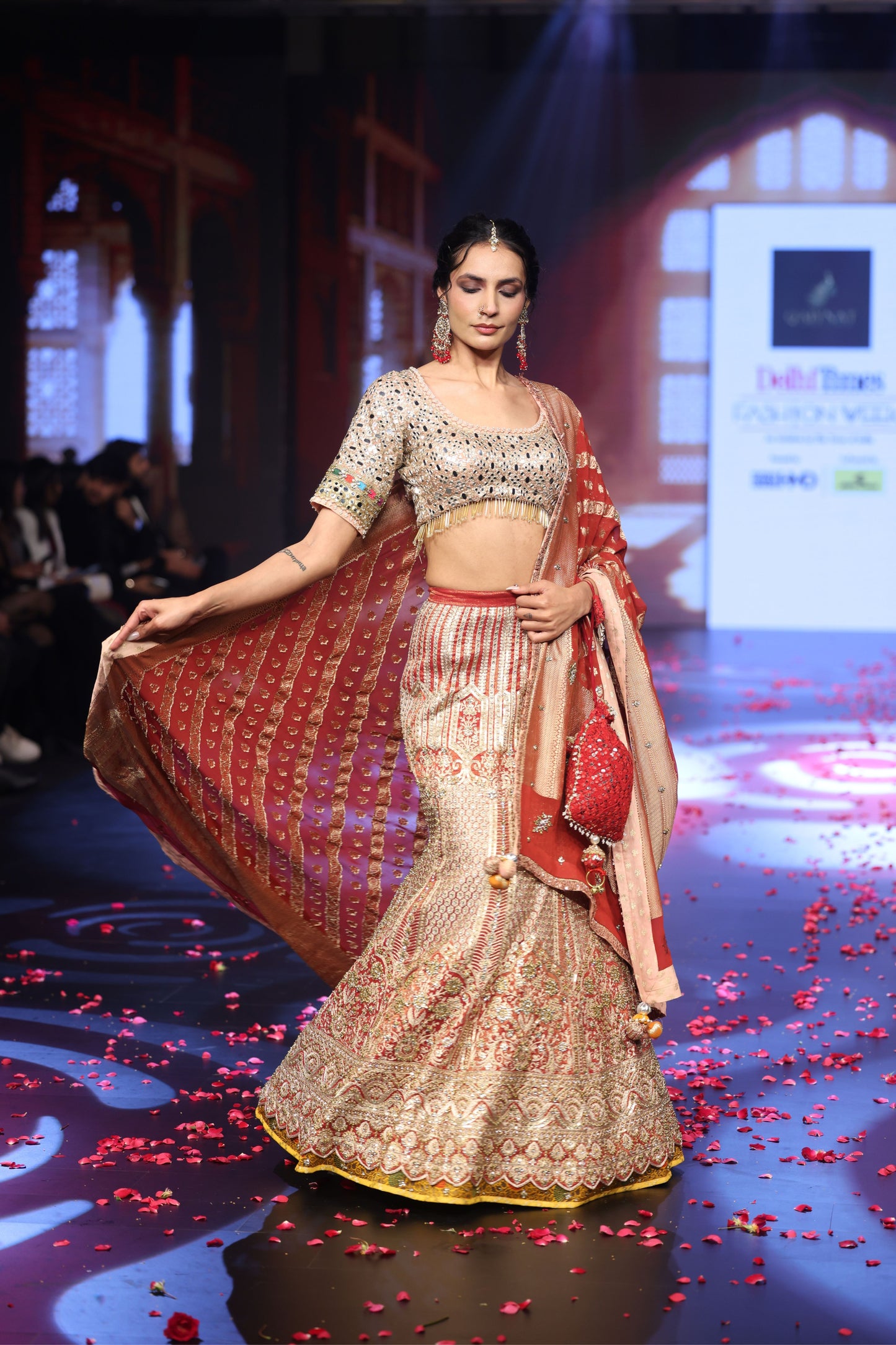 Ghungroo Brick Red & Peach Banarsi Lehenga with Polki & Mirror Work
