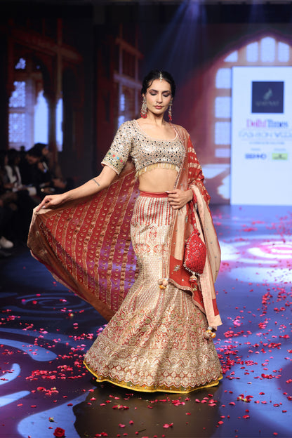 Ghungroo Brick Red & Peach Banarsi Lehenga with Polki & Mirror Work