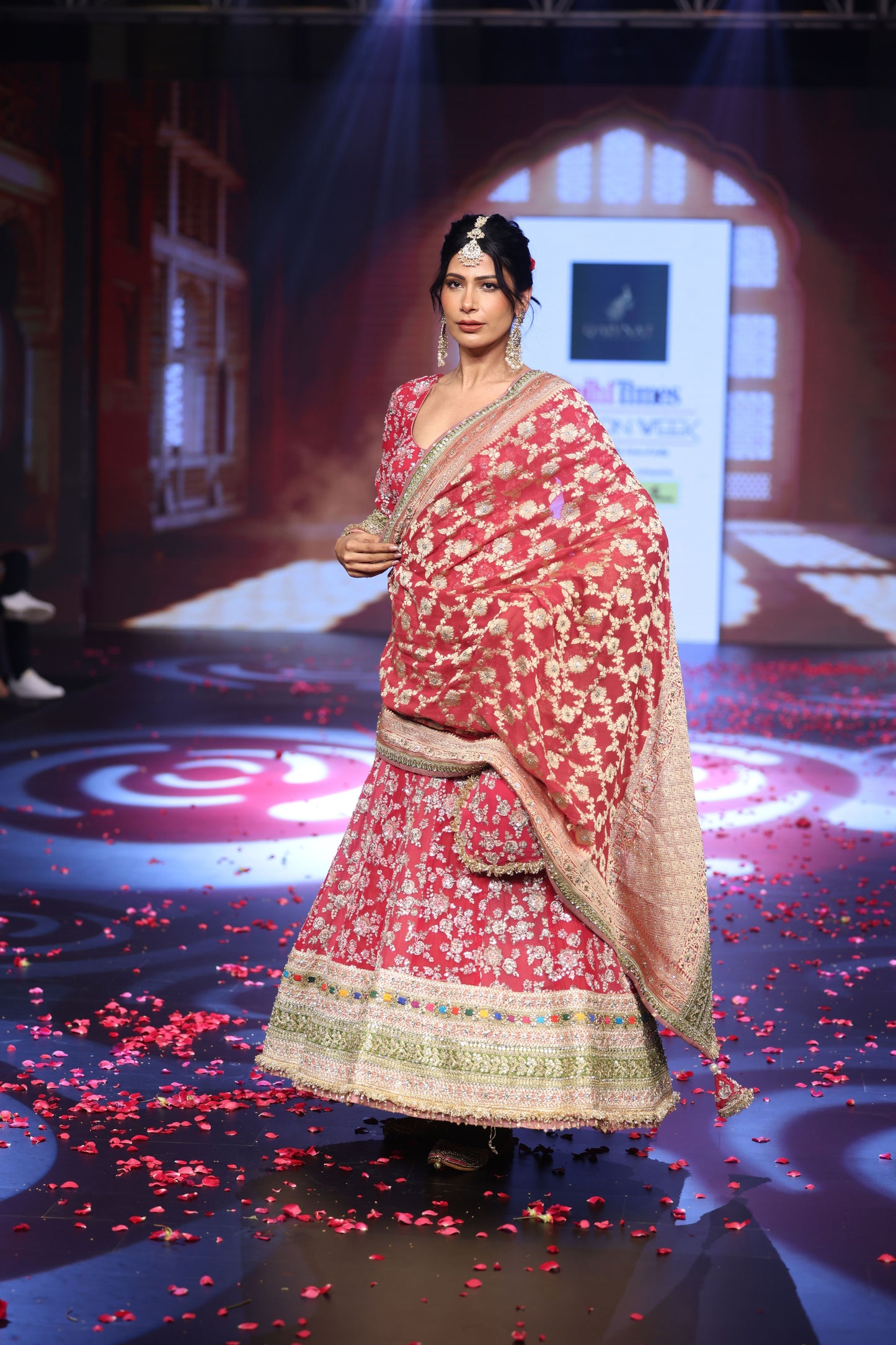 Ghungroo Crimson Red Hand-Embroidered Georgette Anarkali with Banarsi Dupatta