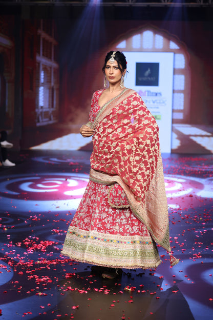 Ghungroo Crimson Red Hand-Embroidered Georgette Anarkali with Banarsi Dupatta