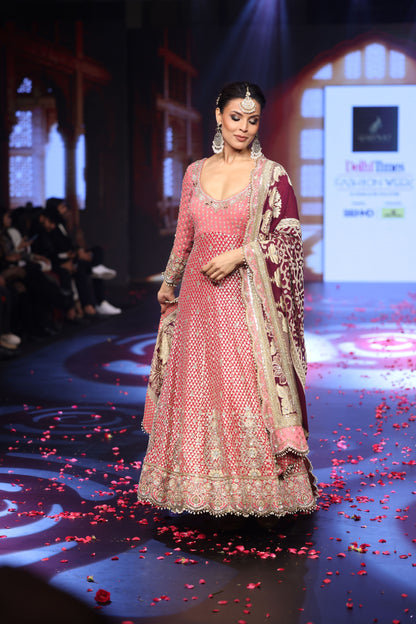 The Ghungroo Showstopper: Pink & Red Hand-Embroidered Anarkali with Burgundy Banarsi Dupatta