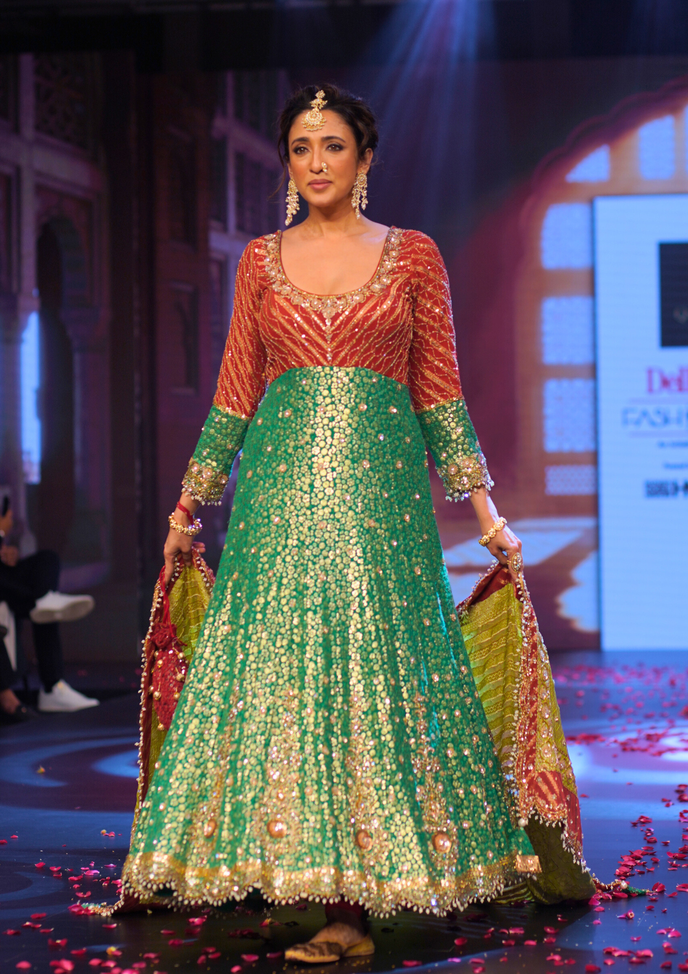 Ghungroo Green and Red Hand Embroidered Silk Anarkali with Hand-Embellished Dupatta