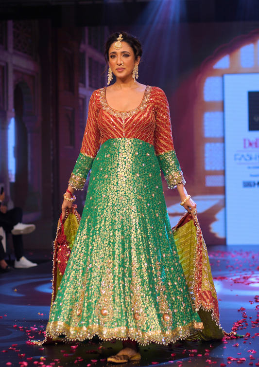 Ghungroo Green and Red Hand Embroidered Silk Anarkali with Hand-Embellished Dupatta