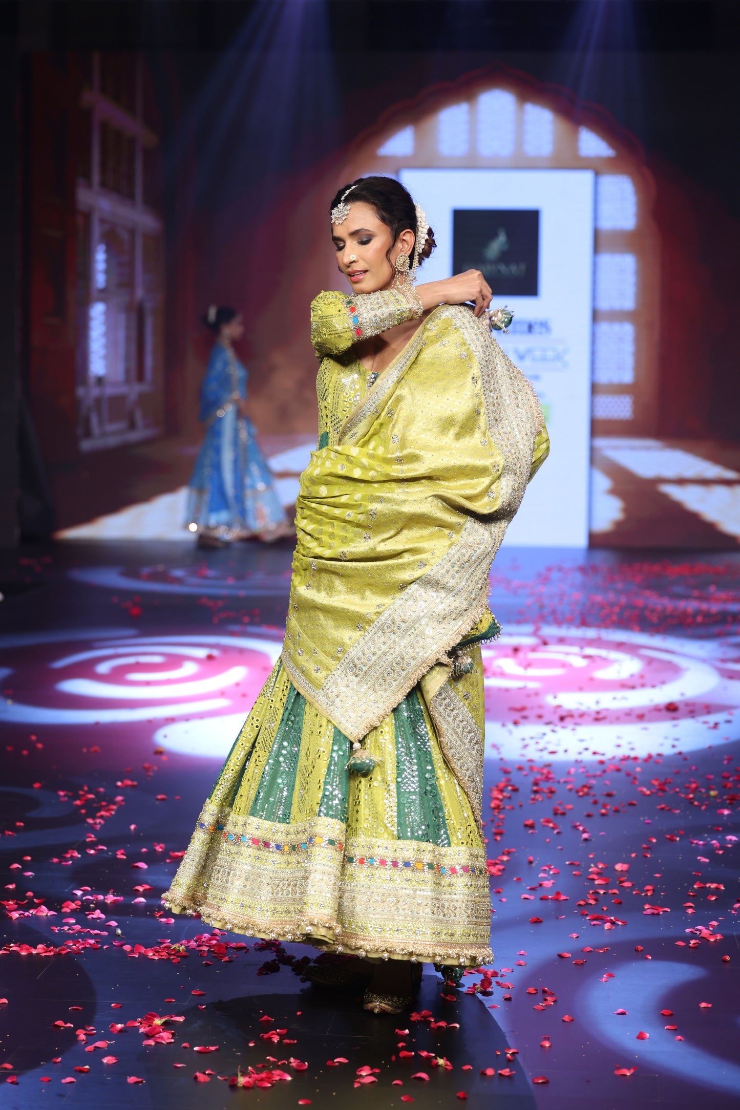 Ghungroo Lime & Green Hand Embroidered Mirror Work Silk Anarkali Set