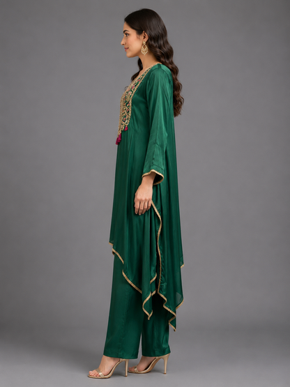 Green Satin Embellished Cord Set - Kurta & Pant