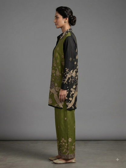 Green & Black Crepe Printed Cord Set