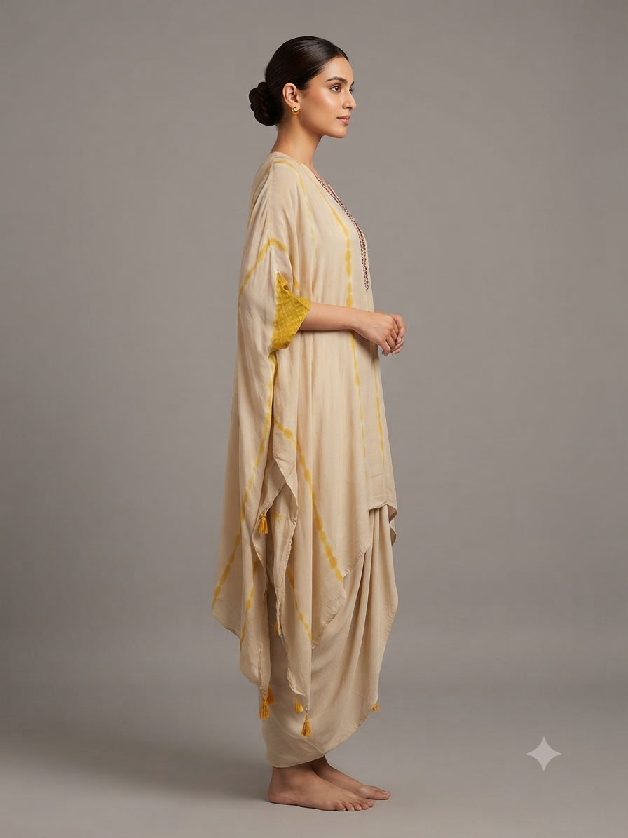 Beige georgette Thread Work Kaftan with Cowl Dreap Skirt