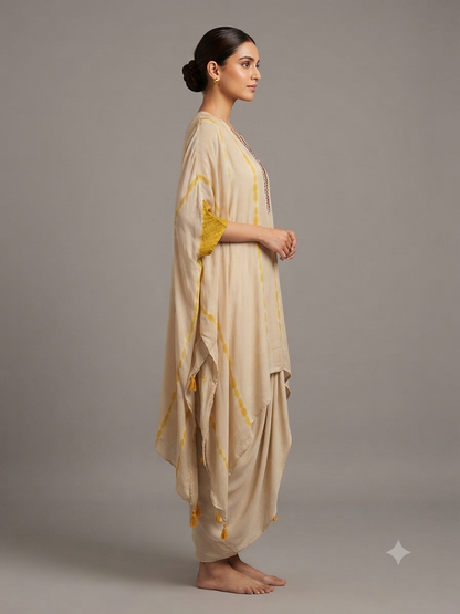 Beige georgette Thread Work Kaftan with Cowl Dreap Skirt