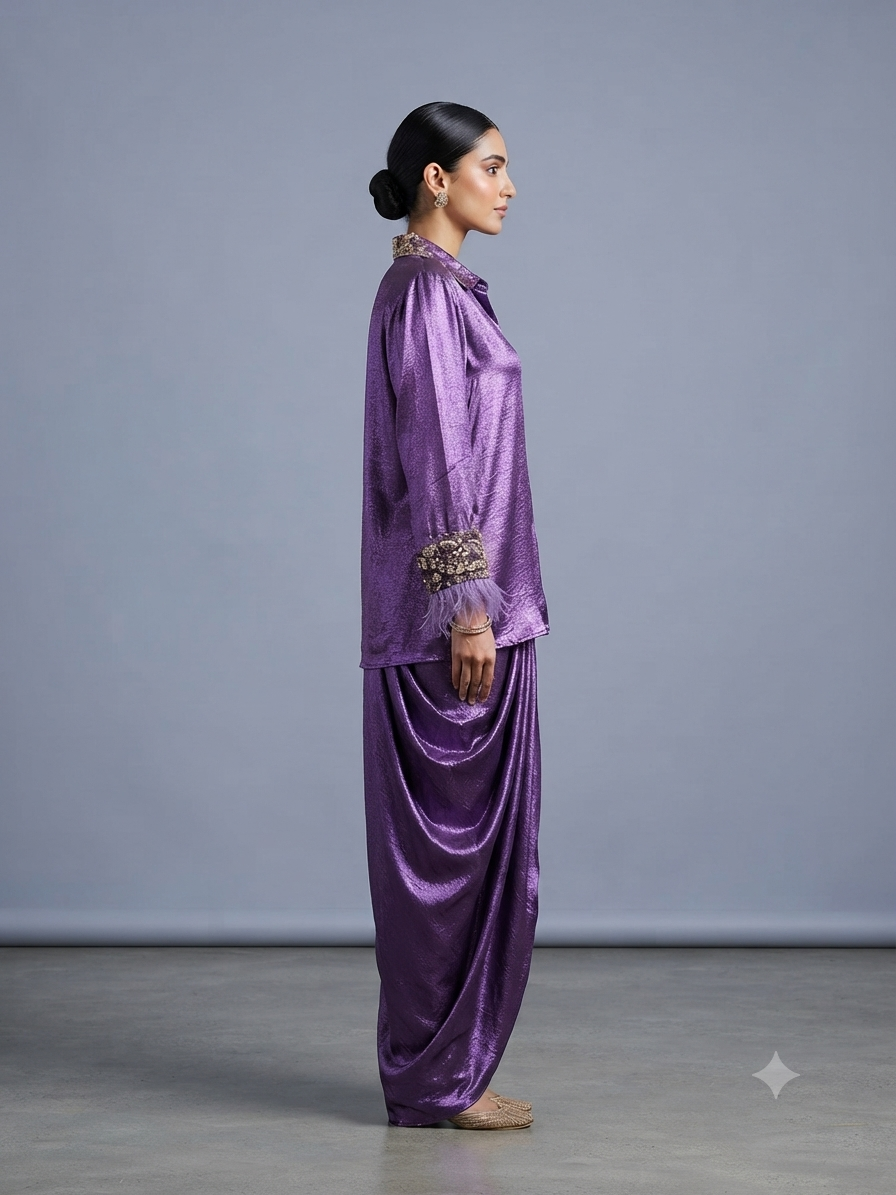 Purple Satin Blend Straight-Cut Shirt Cowl Drape Skirt