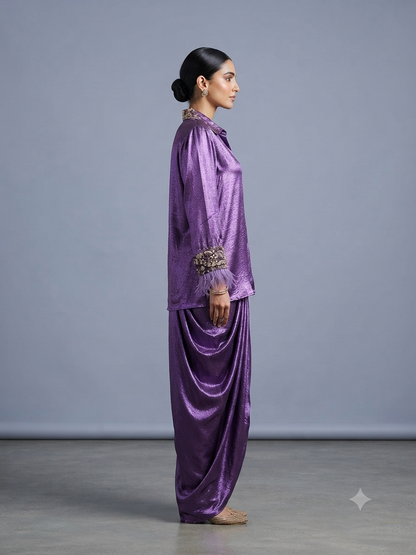 Purple Satin Blend Straight-Cut Shirt Cowl Drape Skirt