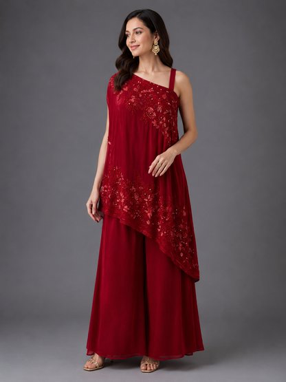 Red Satin Embellished Cord Set