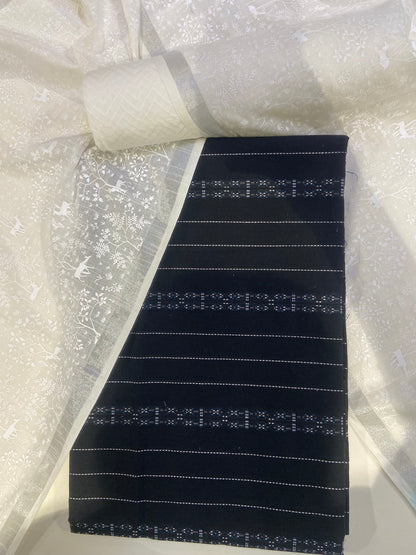 Black Stiped Cotton Unstitched Fabric