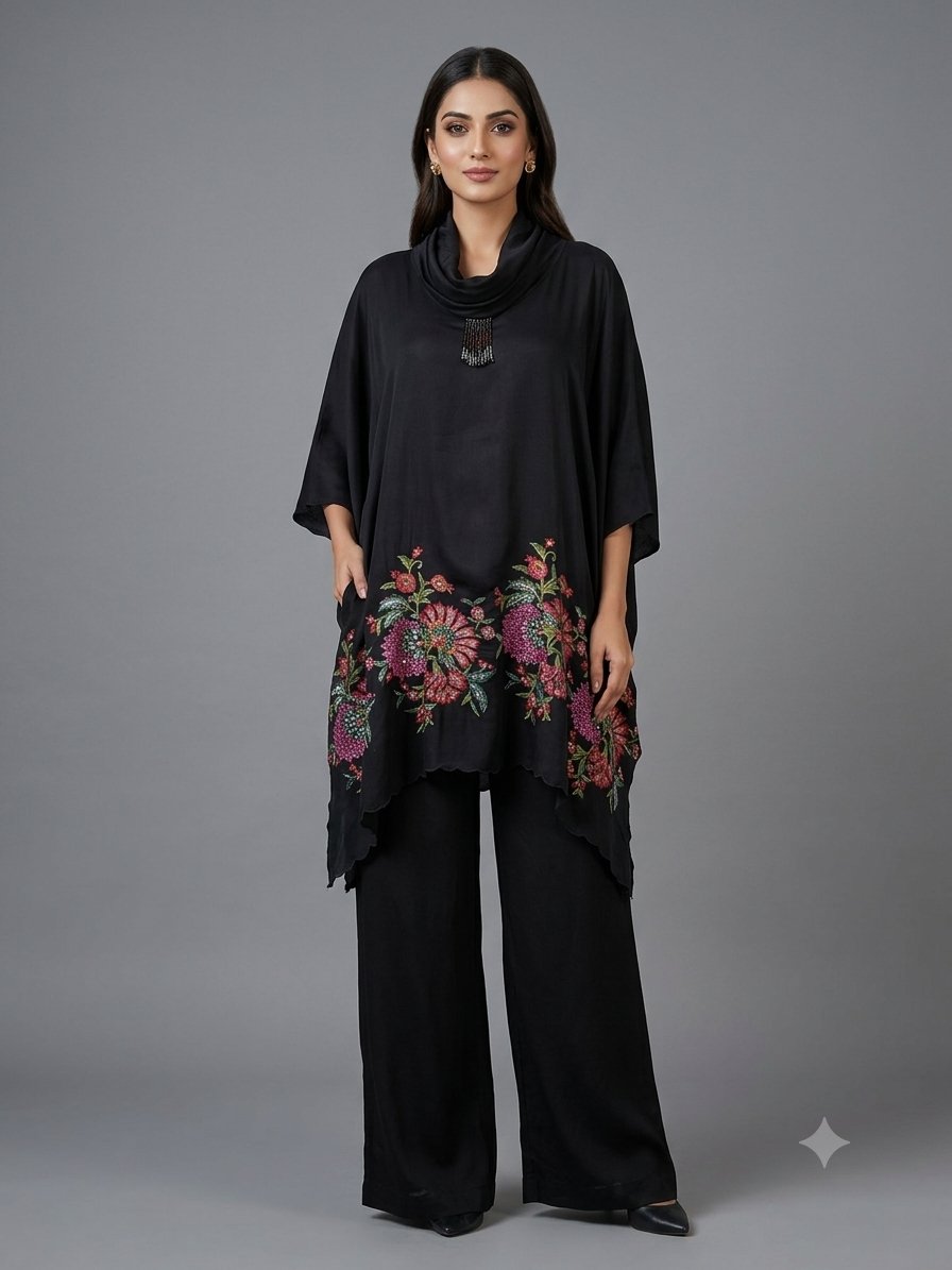 Black Kimono Cord Set with Hand-Thread Work