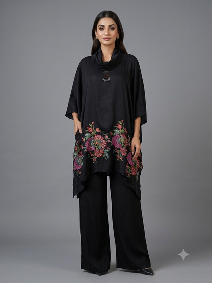 Black Kimono Cord Set with Hand-Thread Work