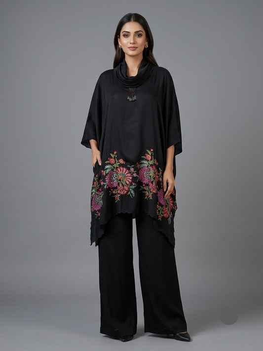 Black Kimono Cord Set with Hand-Thread Work