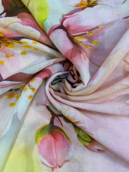 Peach printed maheshwari cotton unstitch febric