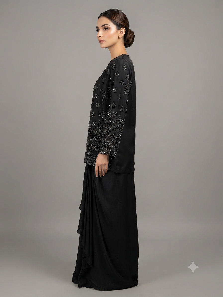 Black Crepe Cut Dana Sequins Jacket with Cowl Drape Skirt