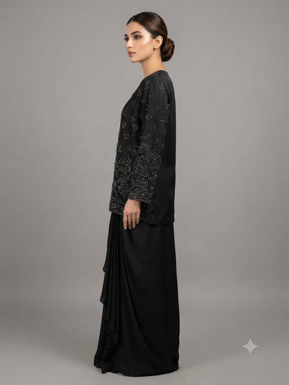 Black Crepe Cut Dana Sequins Jacket with Cowl Drape Skirt