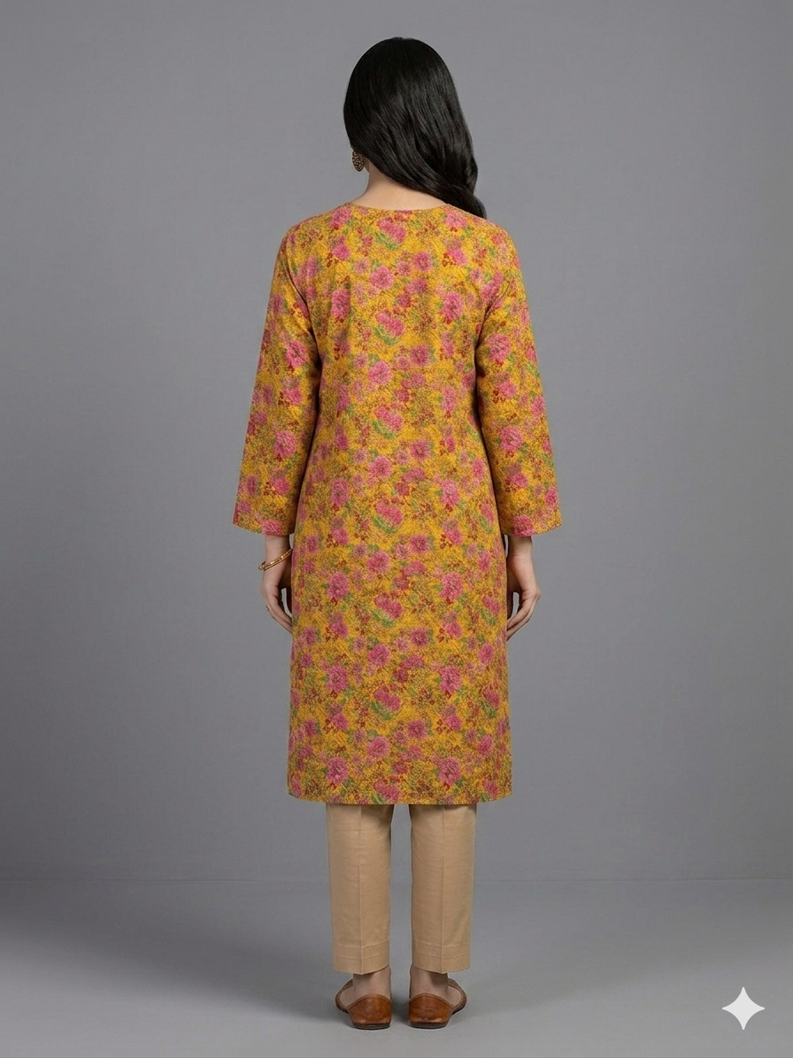 Mustard Yellow Printed Cotton Kurta