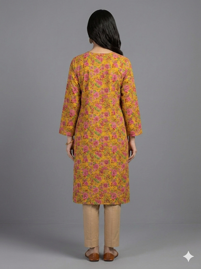 Mustard Yellow Printed Cotton Kurta