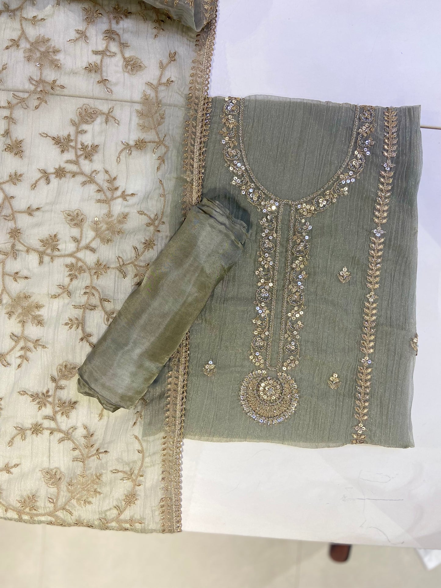 Mint Georgette Embellished Unstitched Fabric